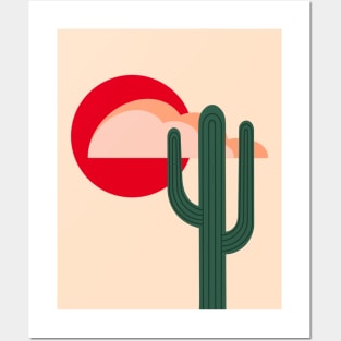 Stylized Desert Landscape with Saguaro Cactus Posters and Art